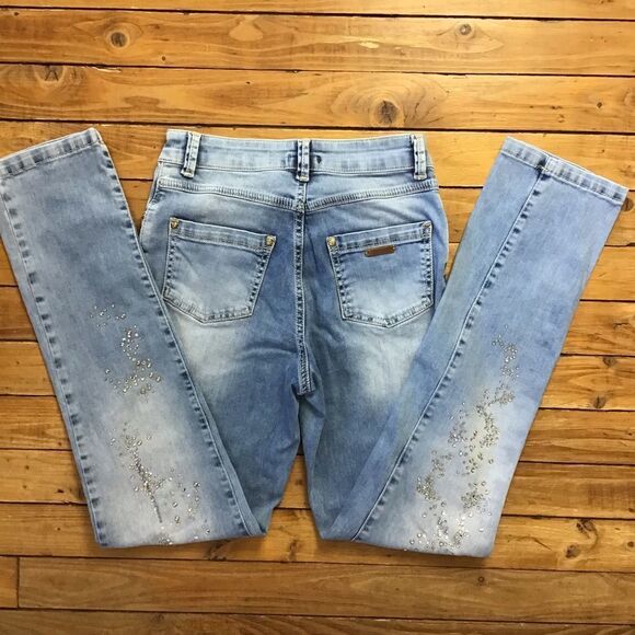 TRICOTTO high rise waist distressed rhinestone crystal sparkle jeans 6 ripped - Picture 3 of 14